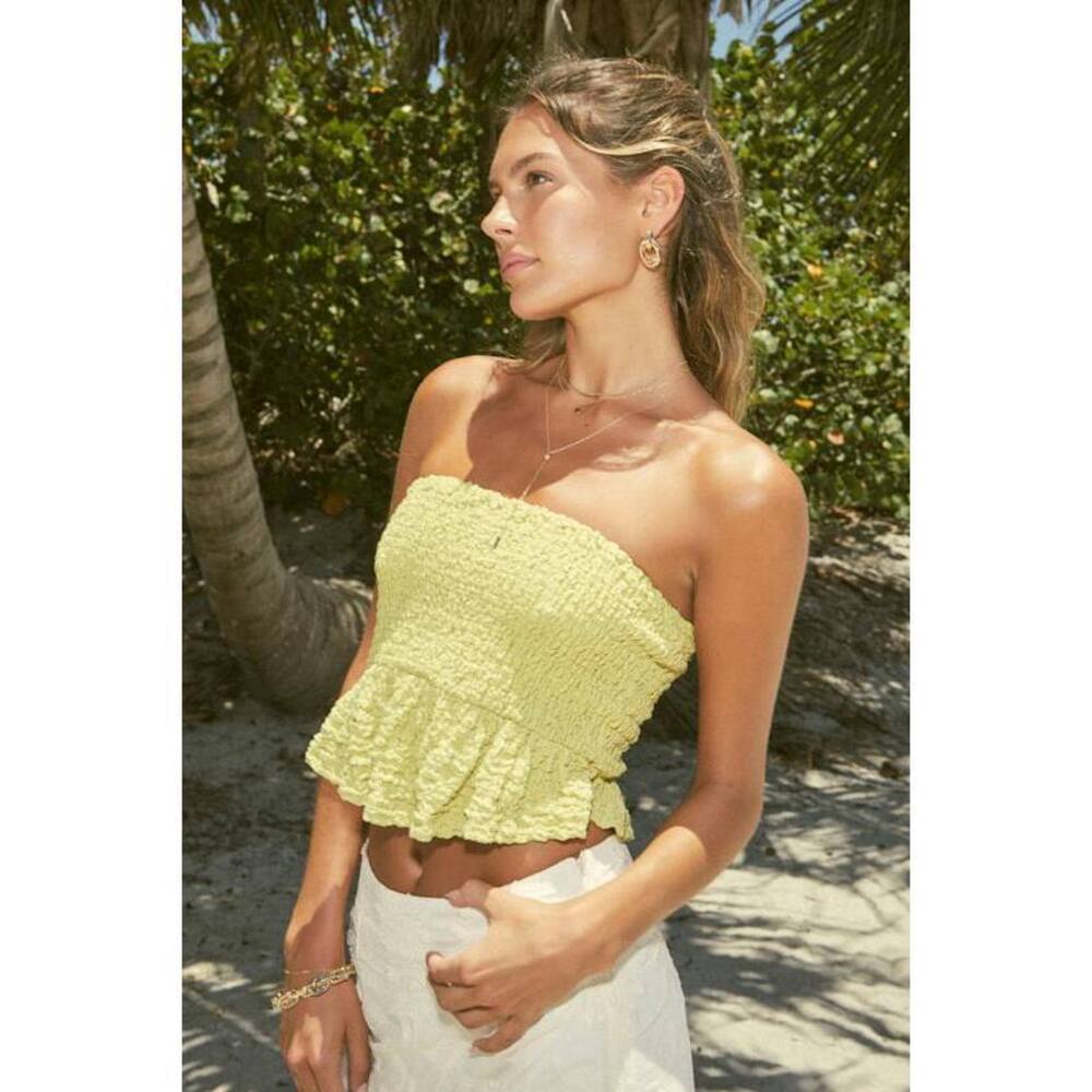 Lulus Cute Flirt Light Green Textured Smocked Strapless Top - Size XS
